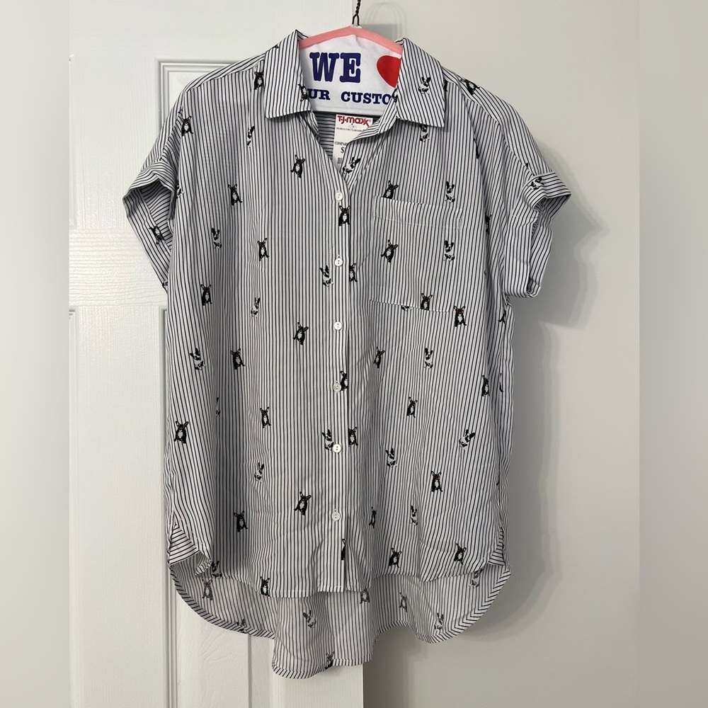 Jane and Delancey Frenchie Print Black and White Striped Button Down Shirt